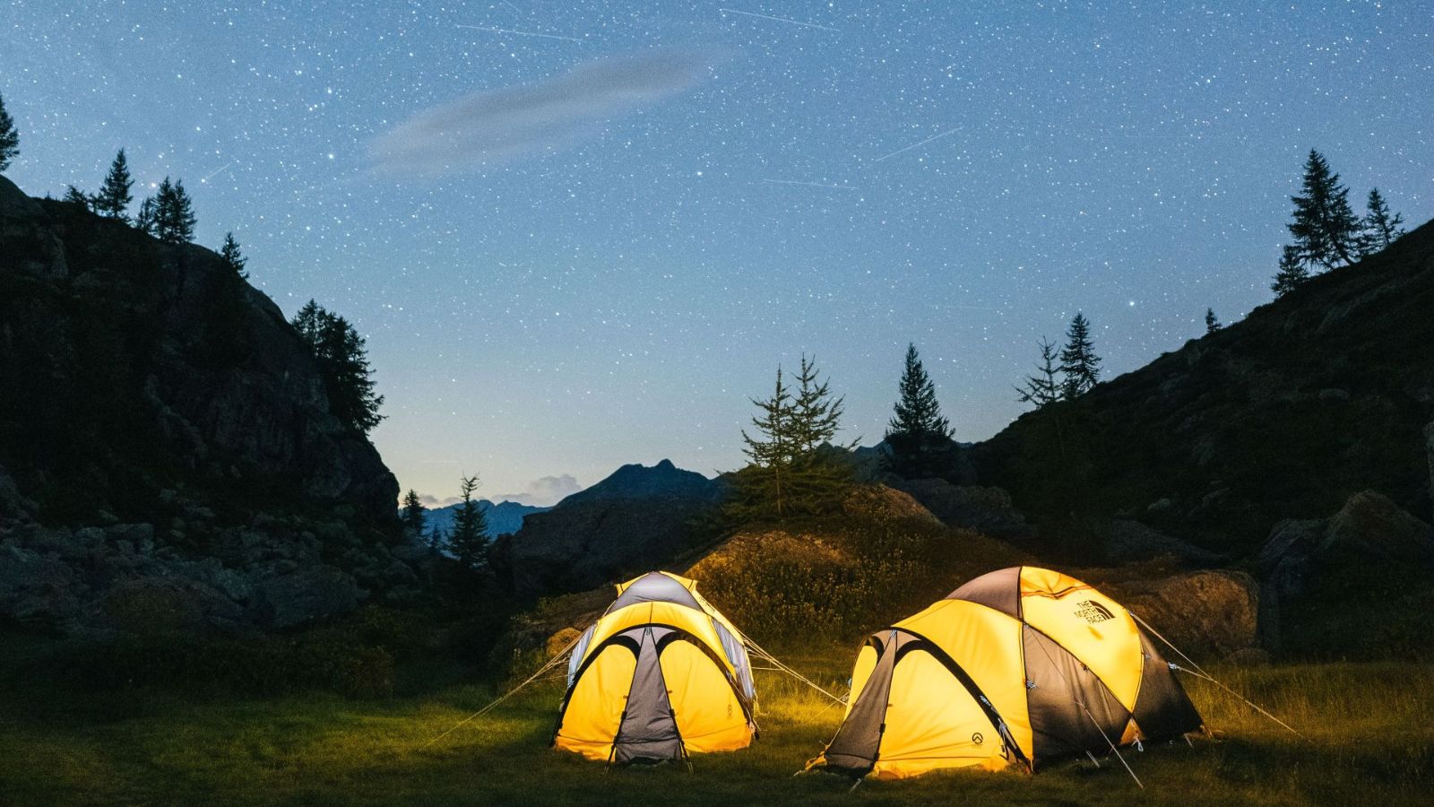 Night at base camp under a starry sky
